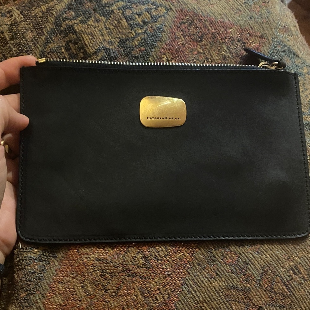 Vintage Donna Karan Black Leather Zip Pouch with Gold Plate